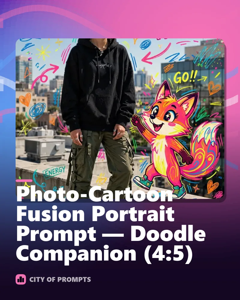 Cover image for Photo-Cartoon Fusion Portrait Prompt — Doodle Companion (4:5)
