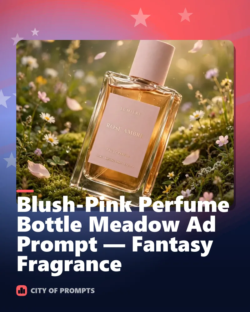 Cover image for Blush-Pink Perfume Bottle Meadow Ad Prompt — Fantasy Fragrance