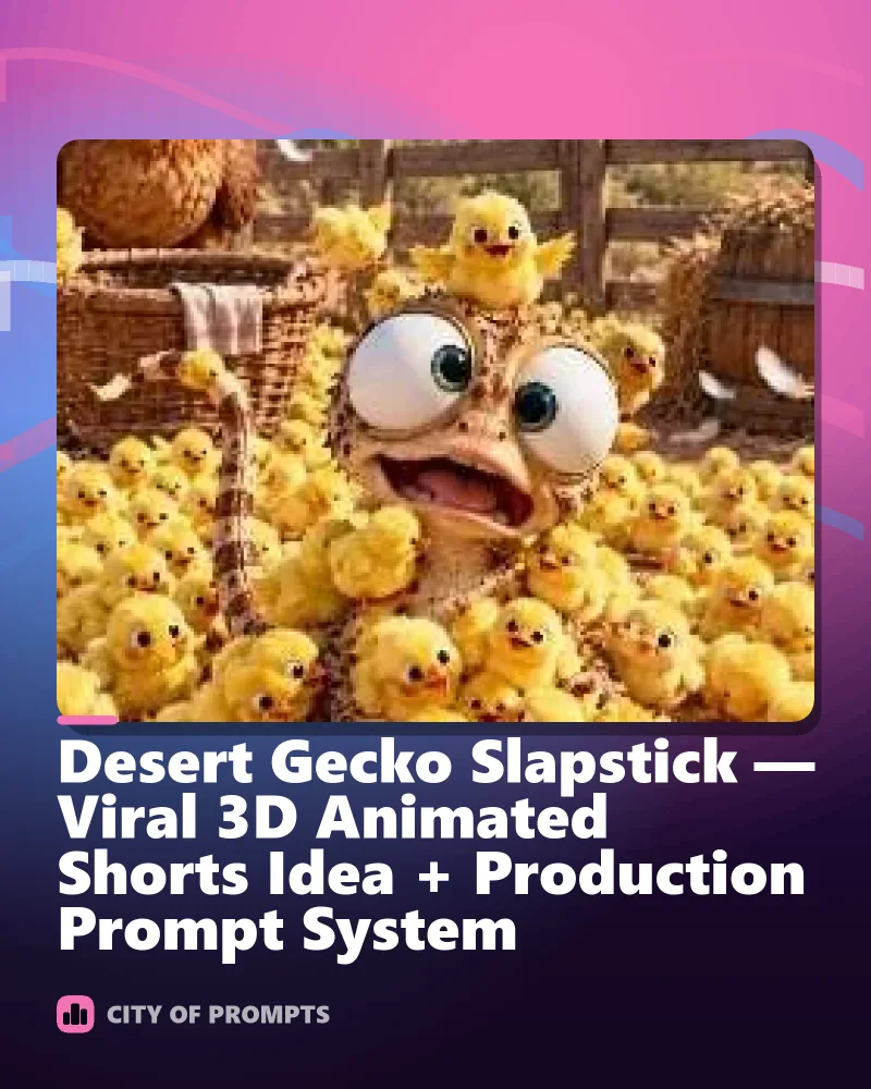 Cover image for Desert Gecko Slapstick — Viral 3D Animated Shorts Idea + Production Prompt System