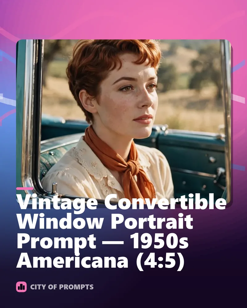 Cover image for Vintage Convertible Window Portrait Prompt — 1950s Americana (4:5)