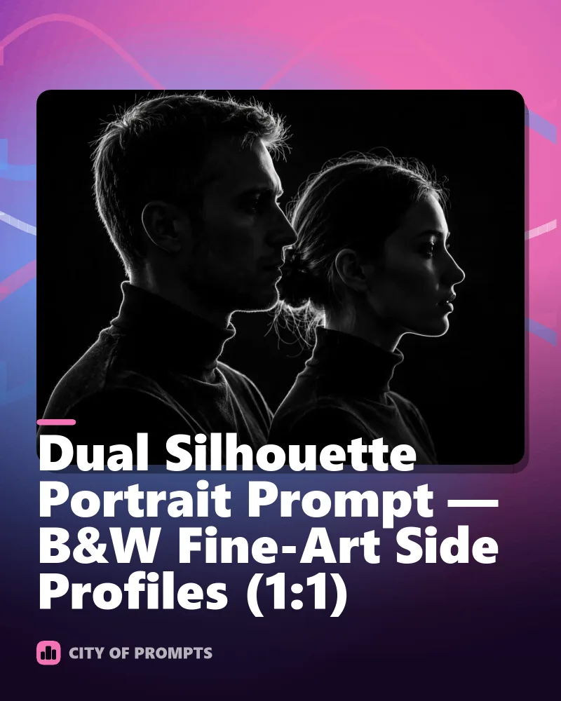 Cover image for Dual Silhouette Portrait Prompt — B&W Fine-Art Side Profiles (1:1)
