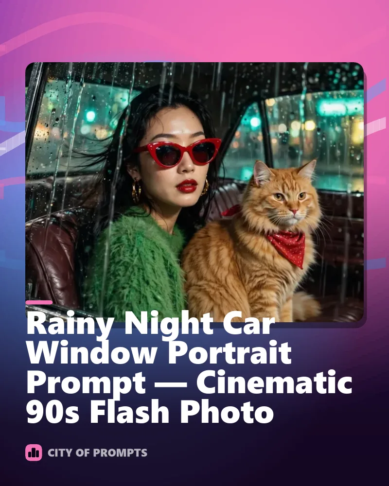 Cover image for Rainy Night Car Window Portrait Prompt — Cinematic 90s Flash Photo