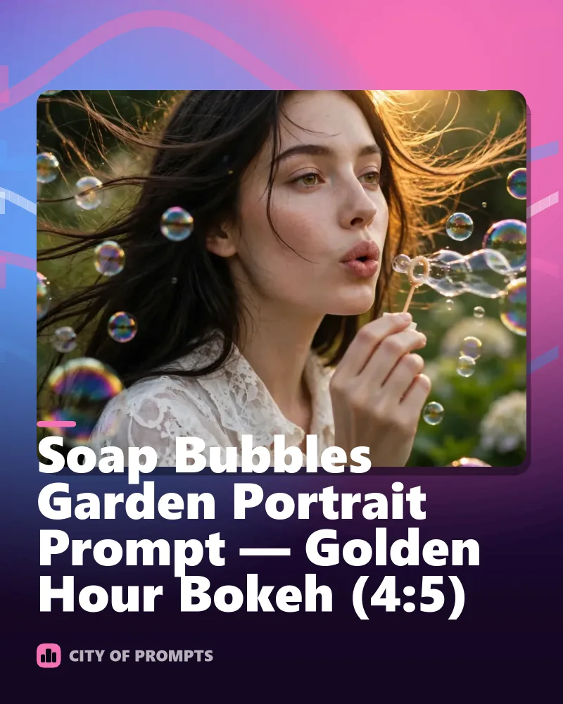 Cover image for Soap Bubbles Garden Portrait Prompt — Golden Hour Bokeh (4:5)