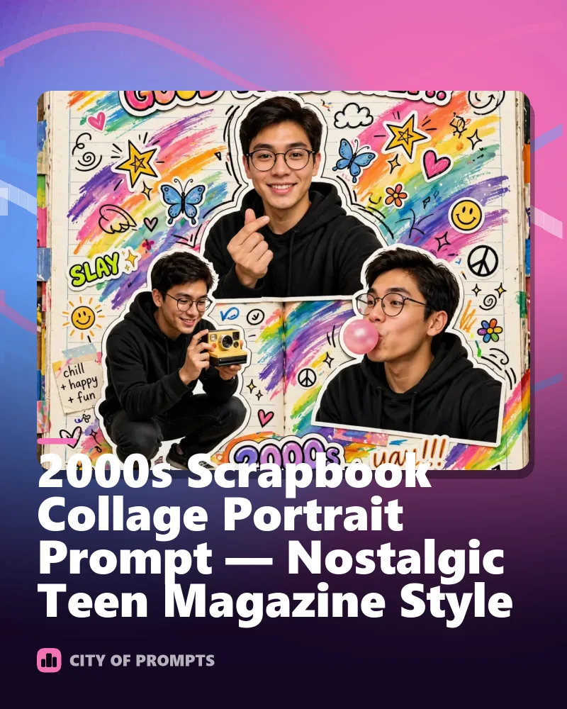 Cover image for 2000s Scrapbook Collage Portrait Prompt — Nostalgic Teen Magazine Style