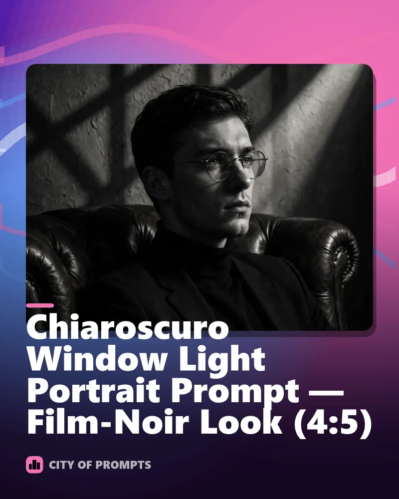 Cover image for Chiaroscuro Window Light Portrait Prompt — Film-Noir Look (4:5)