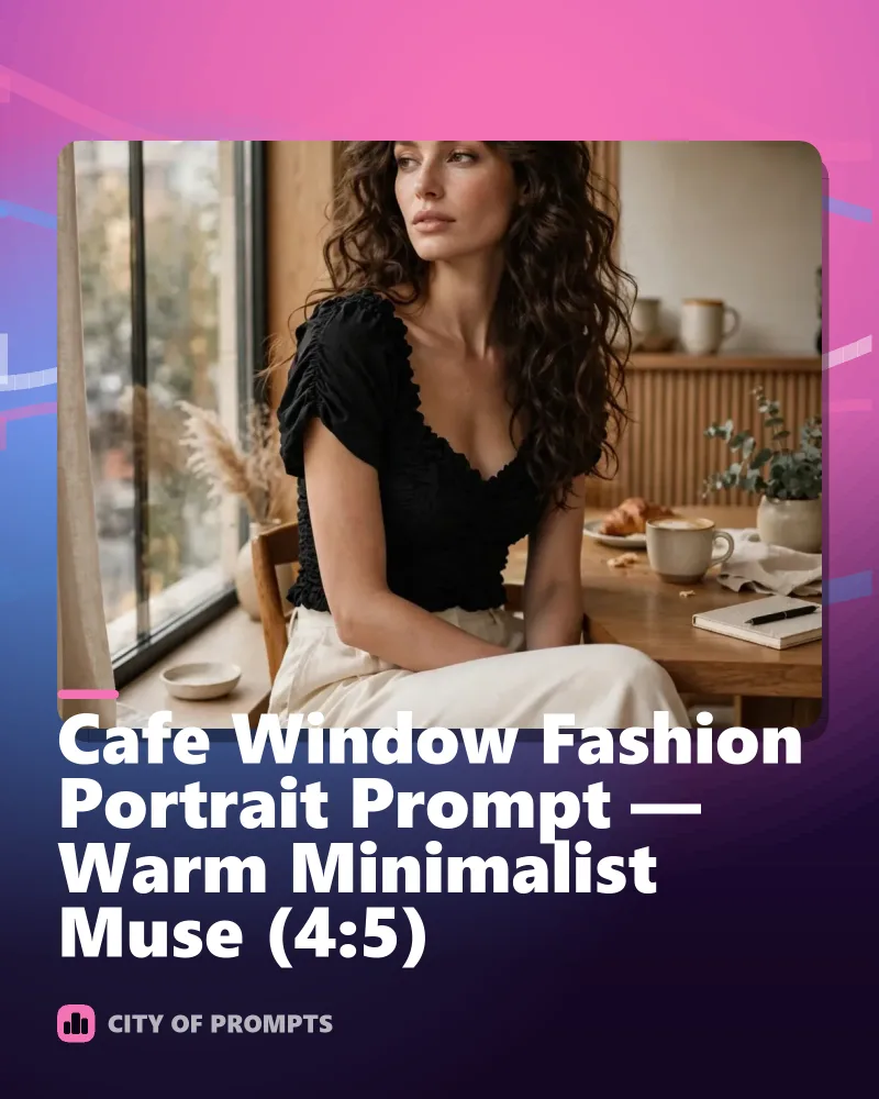 Cover image for Cafe Window Fashion Portrait Prompt — Warm Minimalist Muse (4:5)