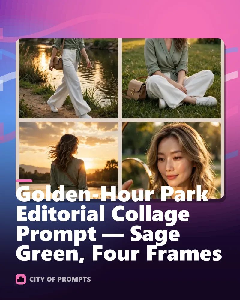 Cover image for Golden-Hour Park Editorial Collage Prompt — Sage Green, Four Frames