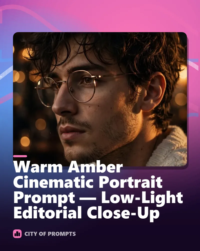 Cover image for Warm Amber Cinematic Portrait Prompt — Low-Light Editorial Close-Up