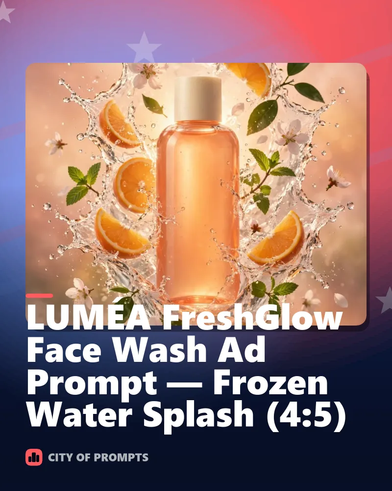 Cover image for LUMÉA FreshGlow Face Wash Ad Prompt — Frozen Water Splash (4:5)