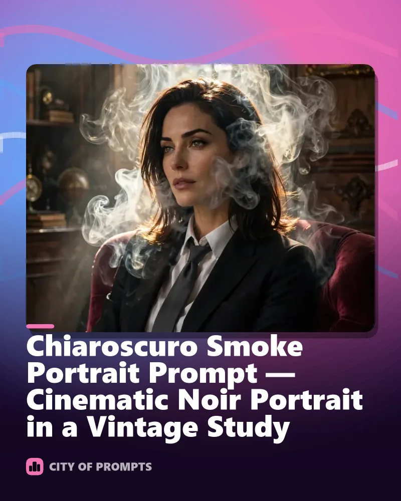 Cover image for Chiaroscuro Smoke Portrait Prompt — Cinematic Noir Portrait in a Vintage Study