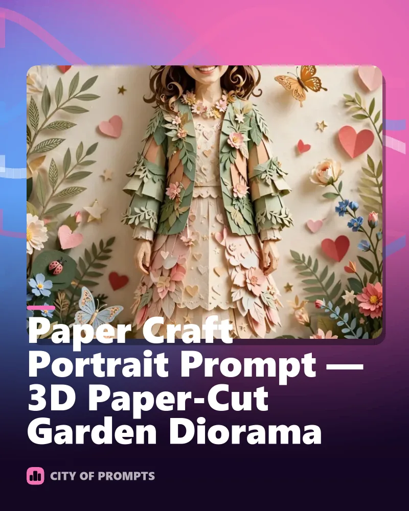 Cover image for Paper Craft Portrait Prompt — 3D Paper-Cut Garden Diorama