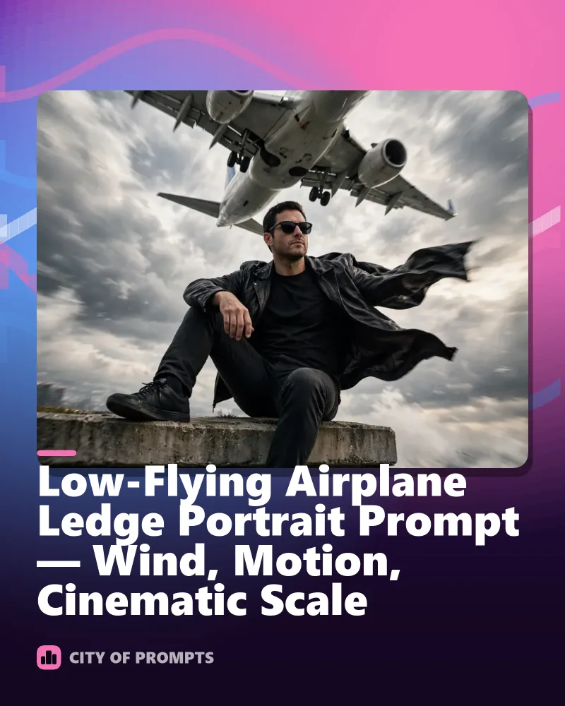 Cover image for Low-Flying Airplane Ledge Portrait Prompt — Wind, Motion, Cinematic Scale
