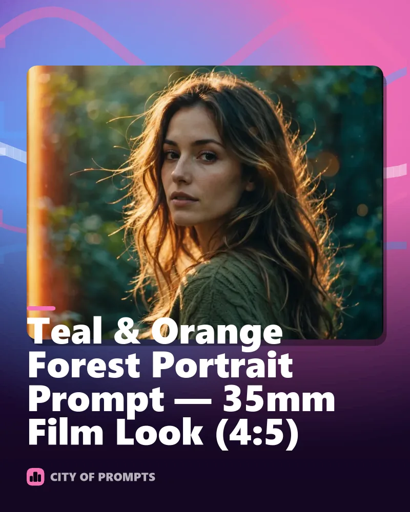 Cover image for Teal & Orange Forest Portrait Prompt — 35mm Film Look (4:5)