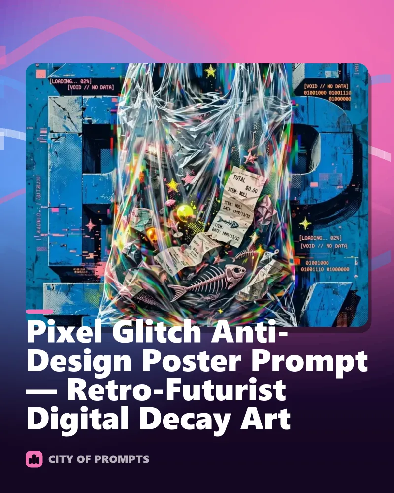 Cover image for Pixel Glitch Anti-Design Poster Prompt — Retro-Futurist Digital Decay Art