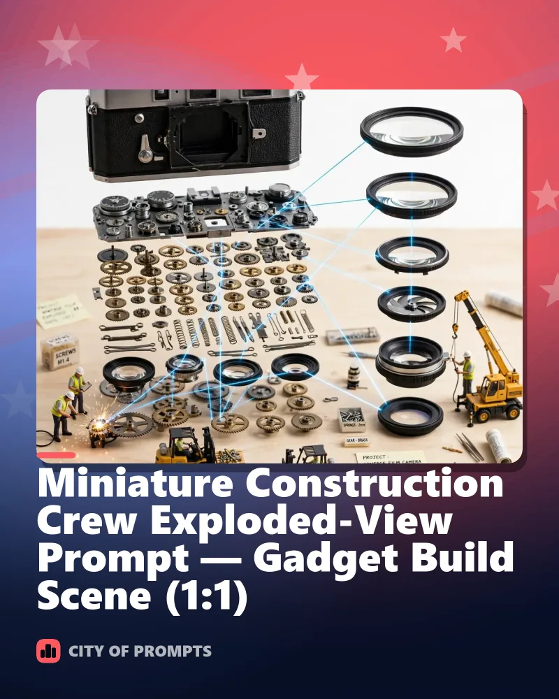 Cover image for Miniature Construction Crew Exploded-View Prompt — Gadget Build Scene (1:1)