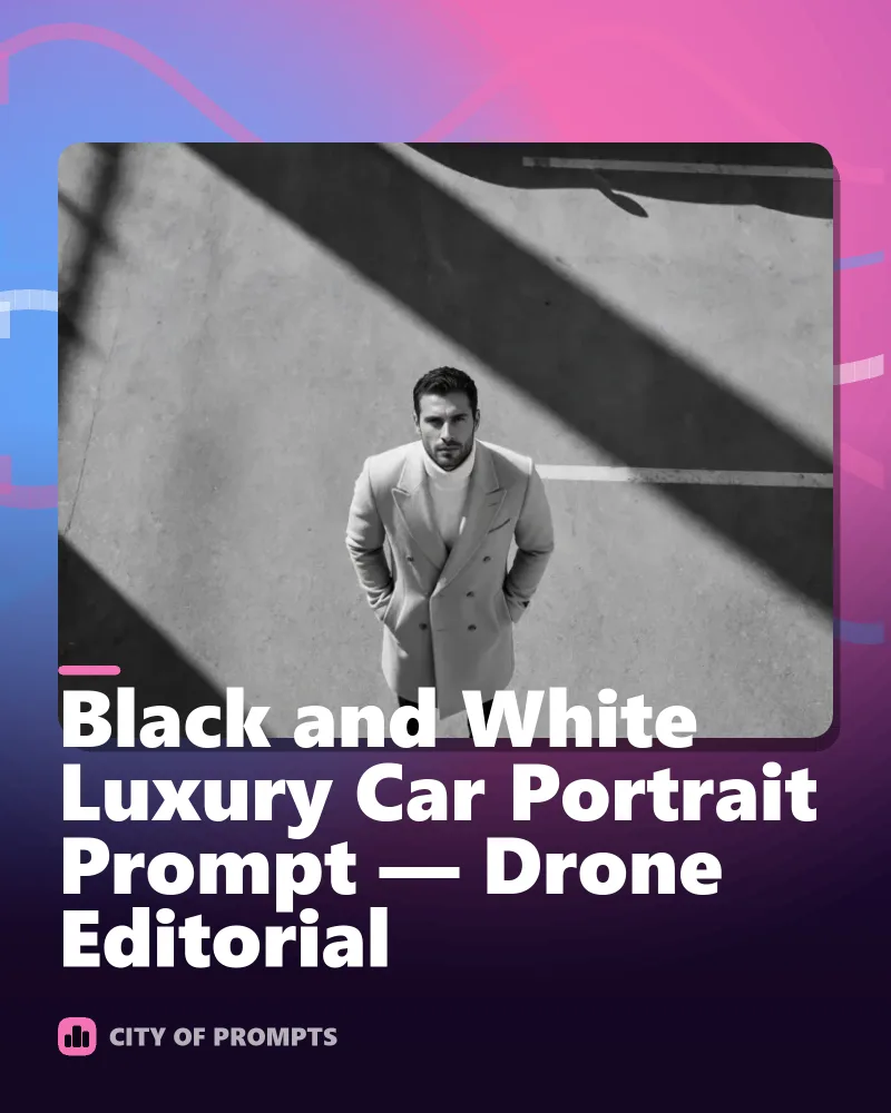 Cover image for Black and White Luxury Car Portrait Prompt — Drone Editorial