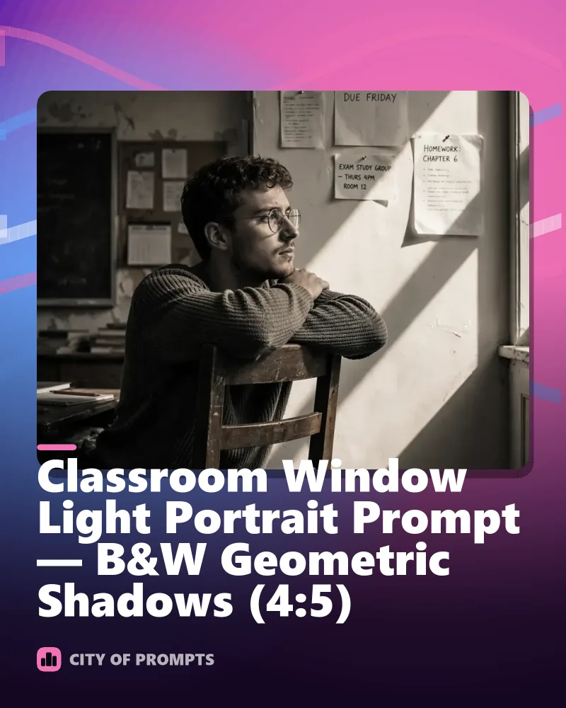 Cover image for Classroom Window Light Portrait Prompt — B&W Geometric Shadows (4:5)