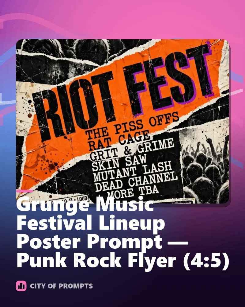 Cover image for Grunge Music Festival Lineup Poster Prompt — Punk Rock Flyer (4:5)