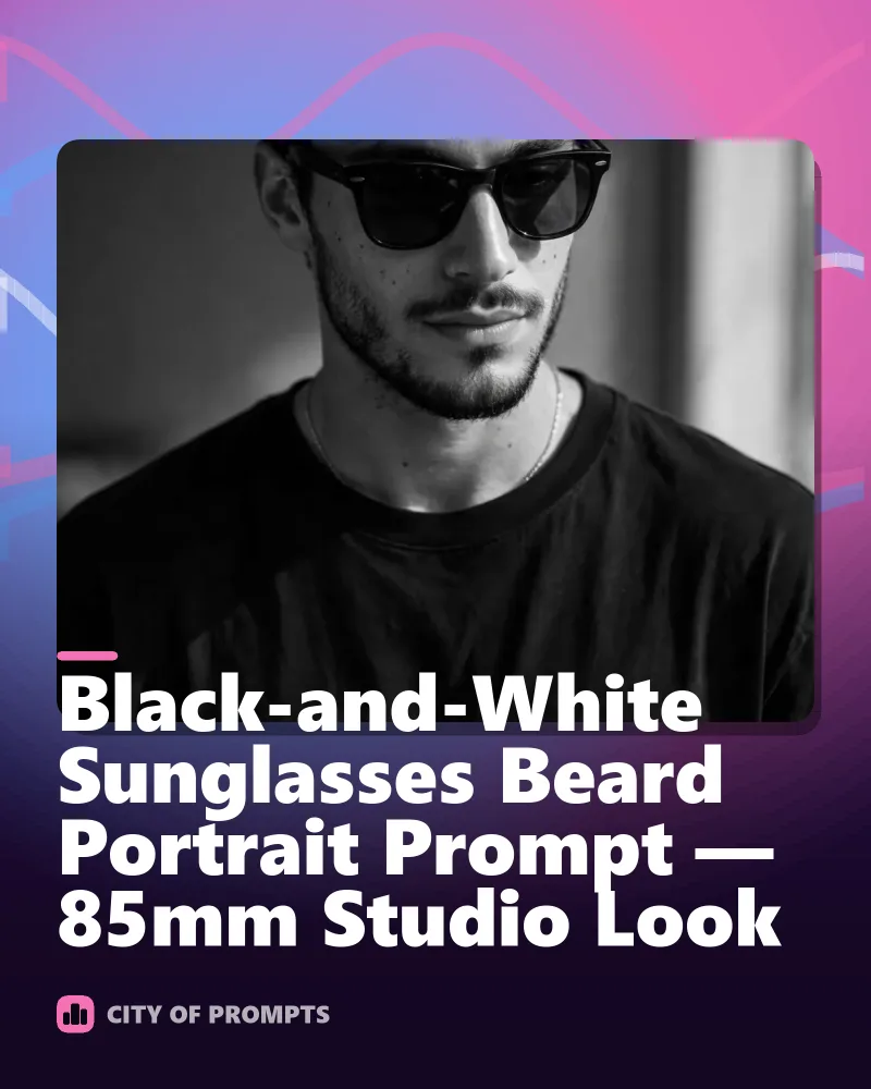 Cover image for Black-and-White Sunglasses Beard Portrait Prompt — 85mm Studio Look