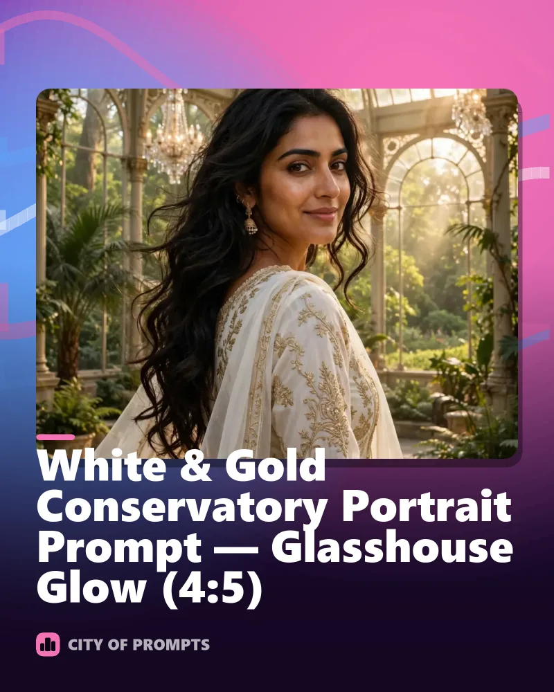 Cover image for White & Gold Conservatory Portrait Prompt — Glasshouse Glow (4:5)