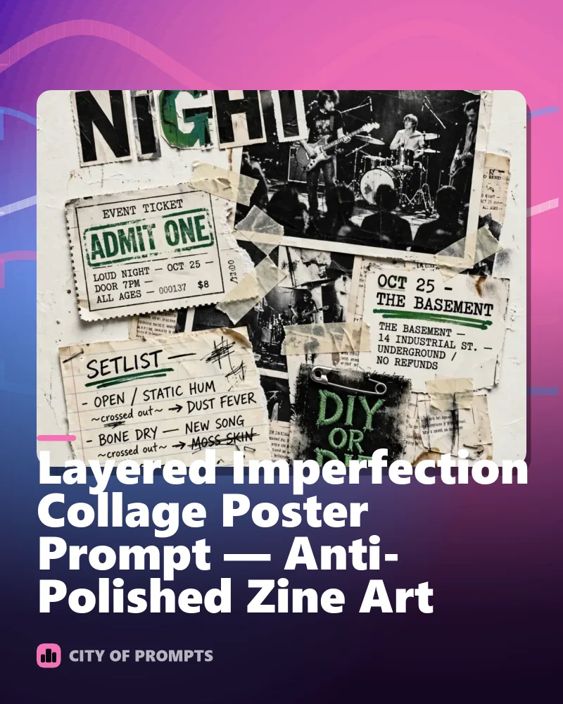 Cover image for Layered Imperfection Collage Poster Prompt — Anti-Polished Zine Art