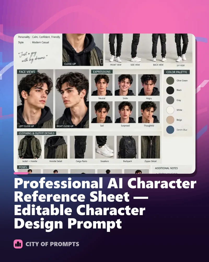 Cover image for Professional AI Character Reference Sheet — Editable Character Design Prompt