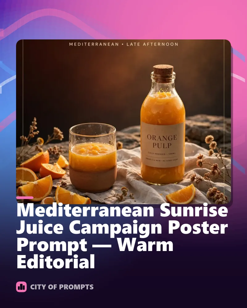Cover image for Mediterranean Sunrise Juice Campaign Poster Prompt — Warm Editorial