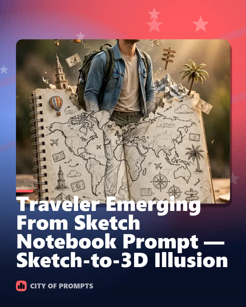 Cover image for Traveler Emerging From Sketch Notebook Prompt — Sketch-to-3D Illusion