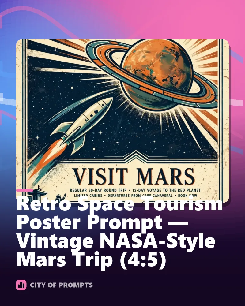Cover image for Retro Space Tourism Poster Prompt — Vintage NASA-Style Mars Trip (4:5)