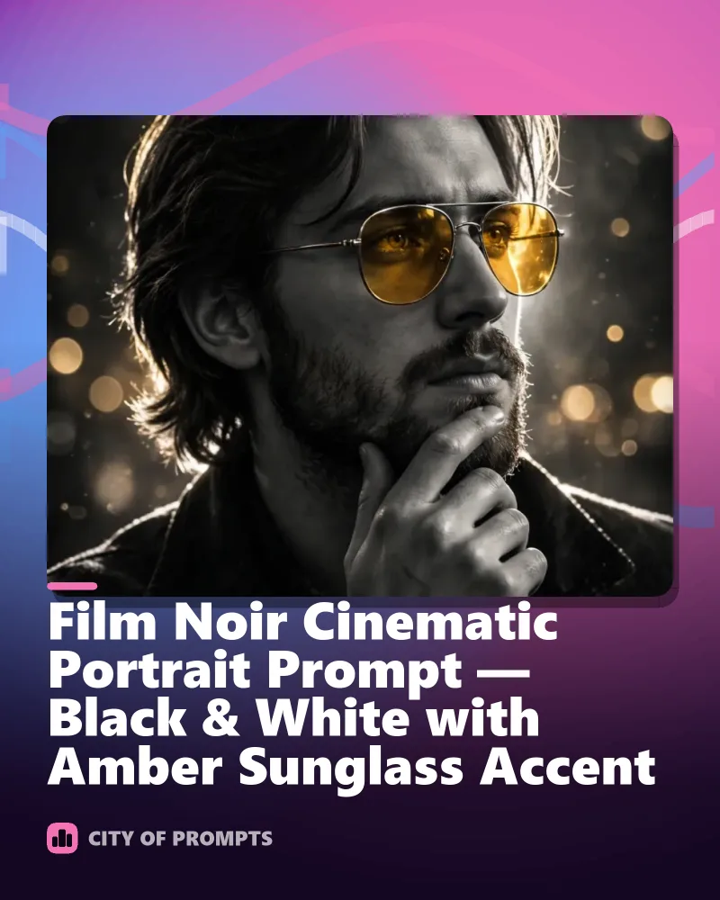 Cover image for Film Noir Cinematic Portrait Prompt — Black & White with Amber Sunglass Accent