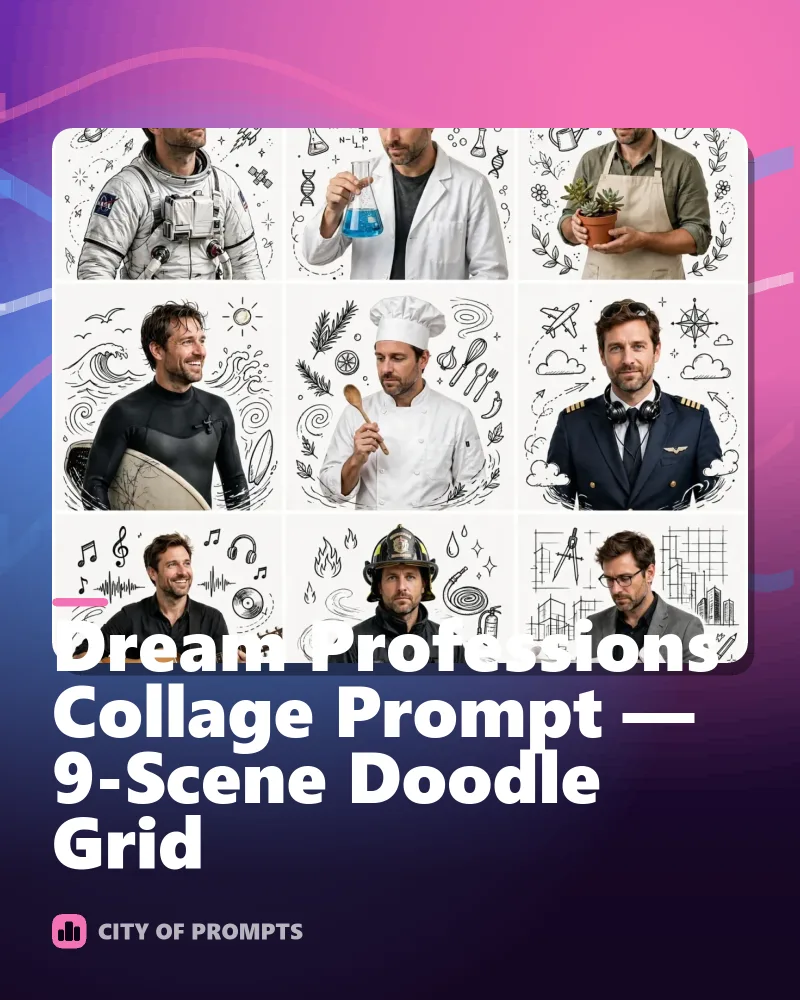 Cover image for Dream Professions Collage Prompt — 9-Scene Doodle Grid