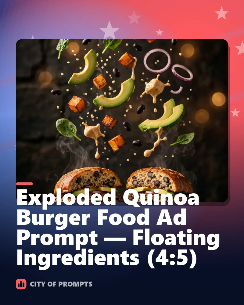 Cover image for Exploded Quinoa Burger Food Ad Prompt — Floating Ingredients (4:5)