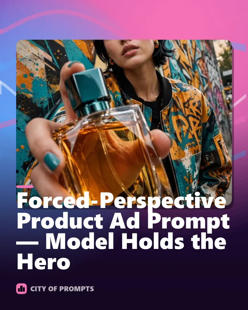 Cover image for Forced-Perspective Product Ad Prompt — Model Holds the Hero