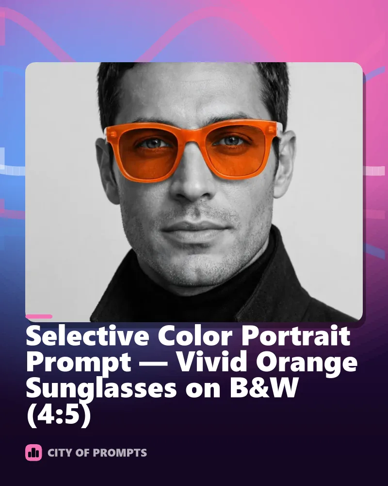 Cover image for Selective Color Portrait Prompt — Vivid Orange Sunglasses on B&W (4:5)