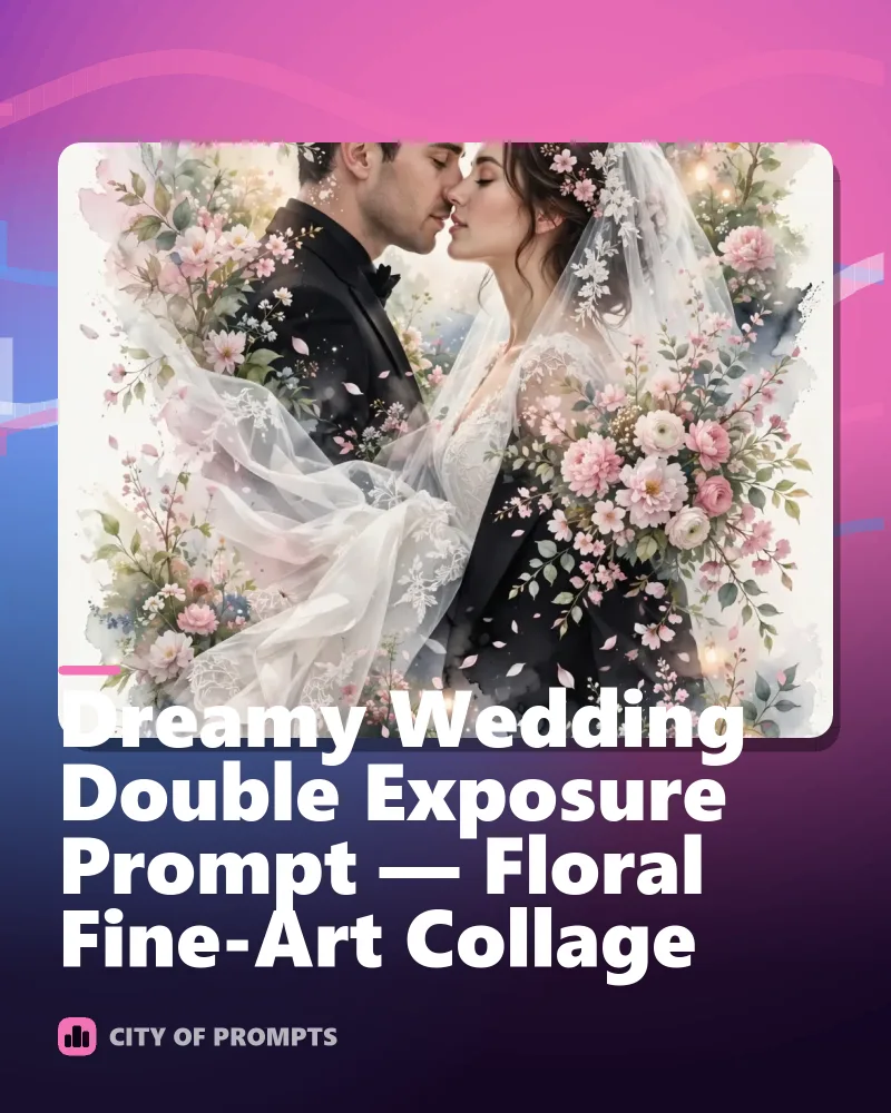 Cover image for Dreamy Wedding Double Exposure Prompt — Floral Fine-Art Collage