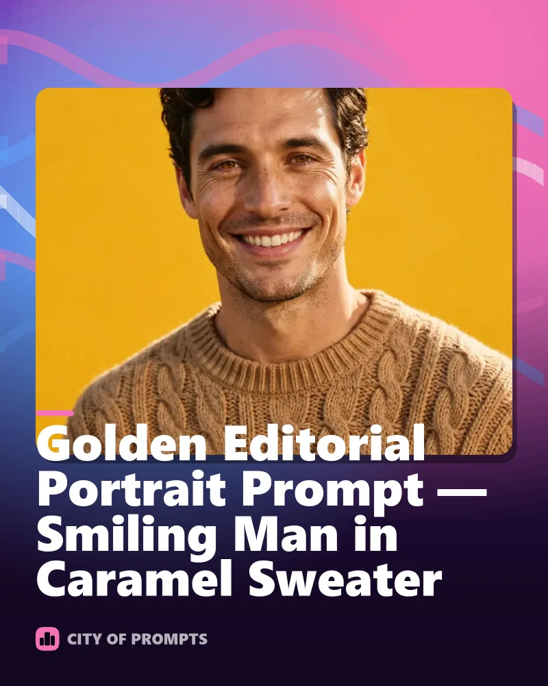 Cover image for Golden Editorial Portrait Prompt — Smiling Man in Caramel Sweater