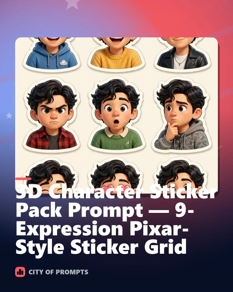 Cover image for 3D Character Sticker Pack Prompt — 9-Expression Pixar-Style Sticker Grid