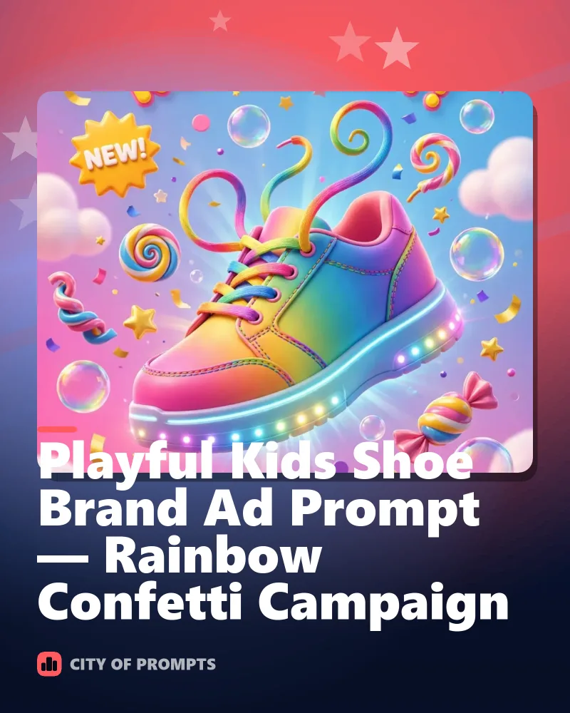 Cover image for Playful Kids Shoe Brand Ad Prompt — Rainbow Confetti Campaign