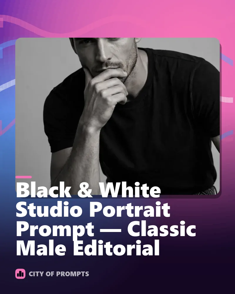 Cover image for Black & White Studio Portrait Prompt — Classic Male Editorial