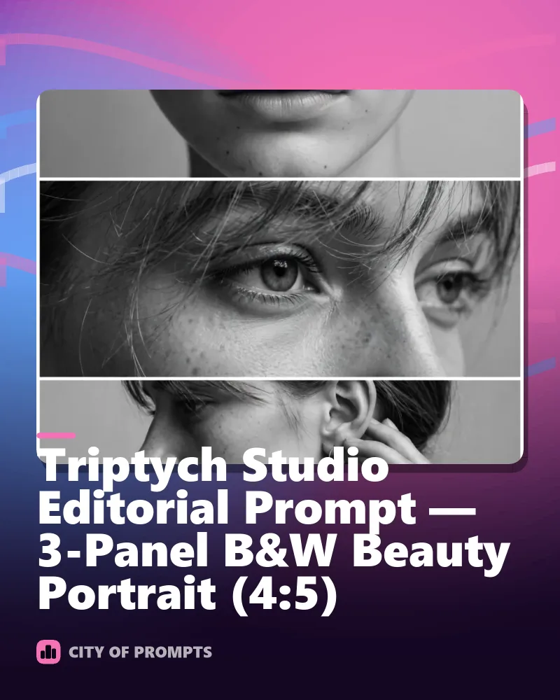 Cover image for Triptych Studio Editorial Prompt — 3-Panel B&W Beauty Portrait (4:5)