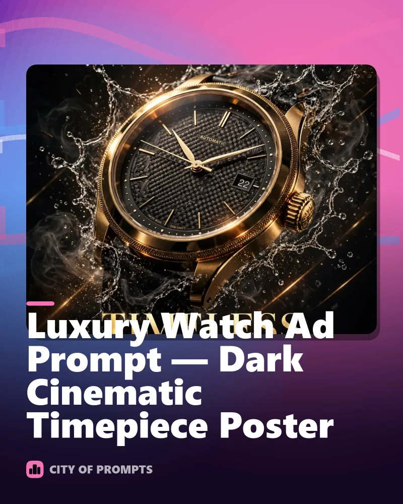 Cover image for Luxury Watch Ad Prompt — Dark Cinematic Timepiece Poster