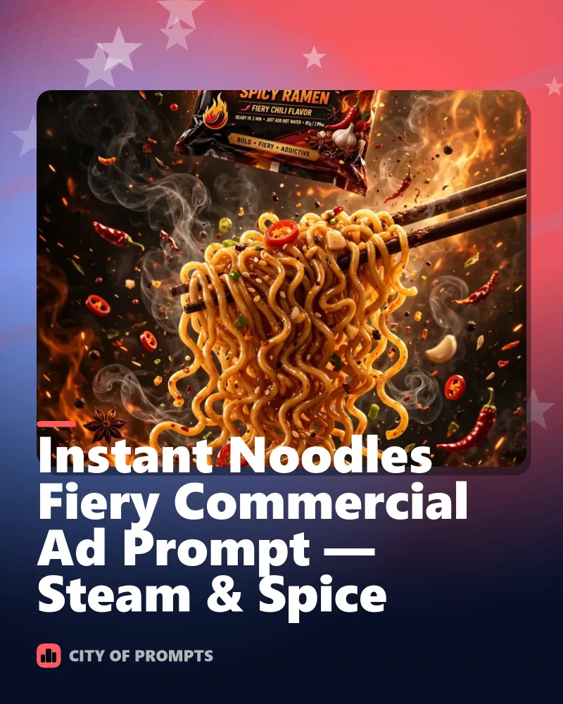 Cover image for Instant Noodles Fiery Commercial Ad Prompt — Steam & Spice