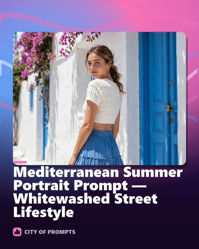 Cover image for Mediterranean Summer Portrait Prompt — Whitewashed Street Lifestyle