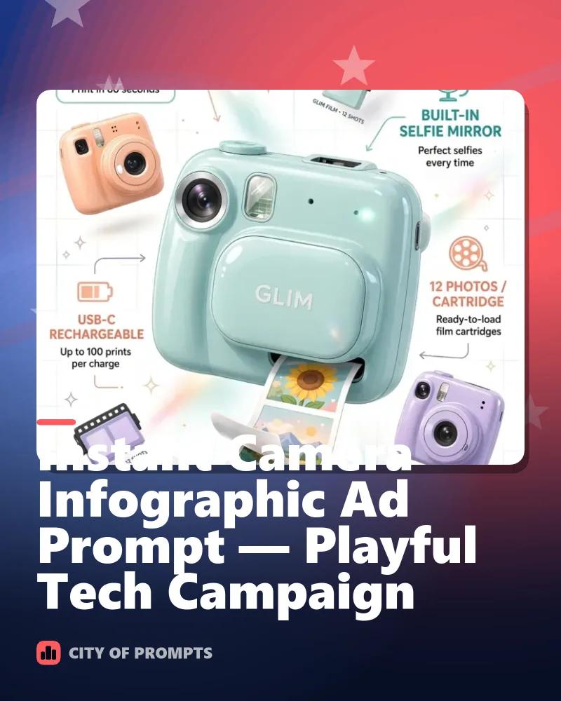 Cover image for Instant Camera Infographic Ad Prompt — Playful Tech Campaign