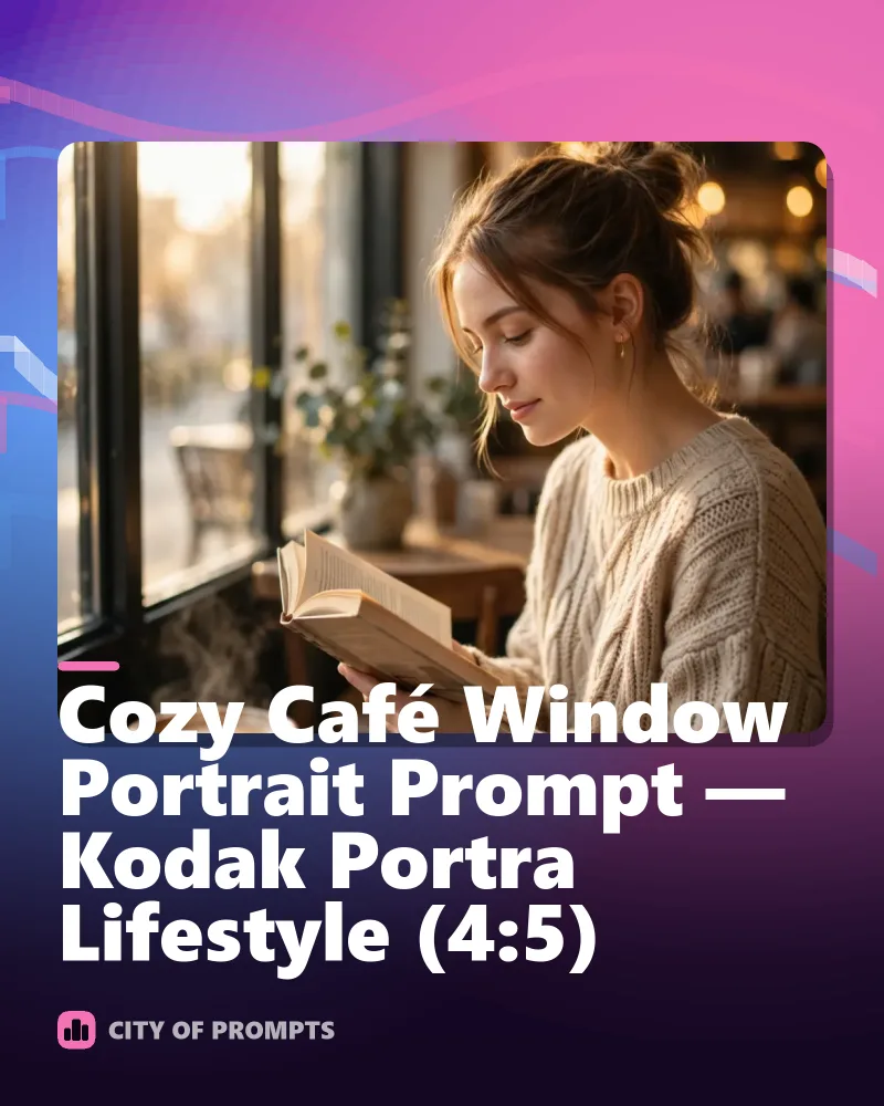 Cover image for Cozy Café Window Portrait Prompt — Kodak Portra Lifestyle (4:5)