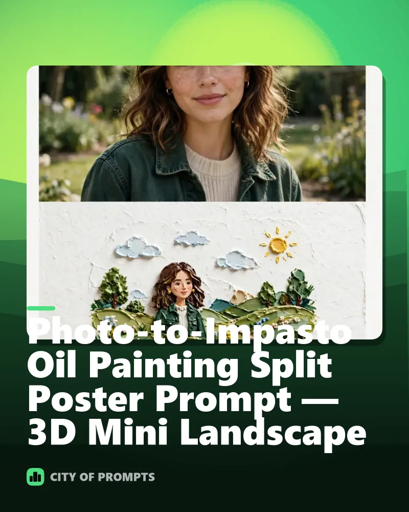 Cover image for Photo-to-Impasto Oil Painting Split Poster Prompt — 3D Mini Landscape