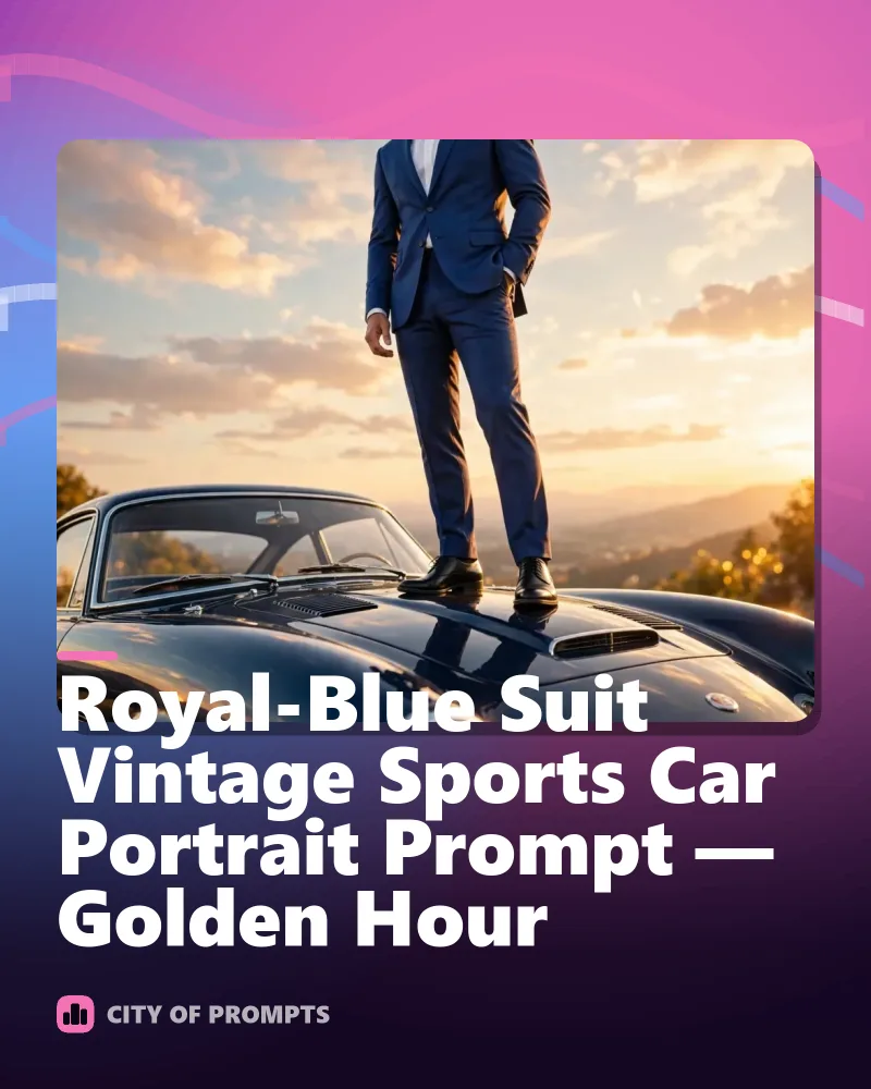 Cover image for Royal-Blue Suit Vintage Sports Car Portrait Prompt — Golden Hour