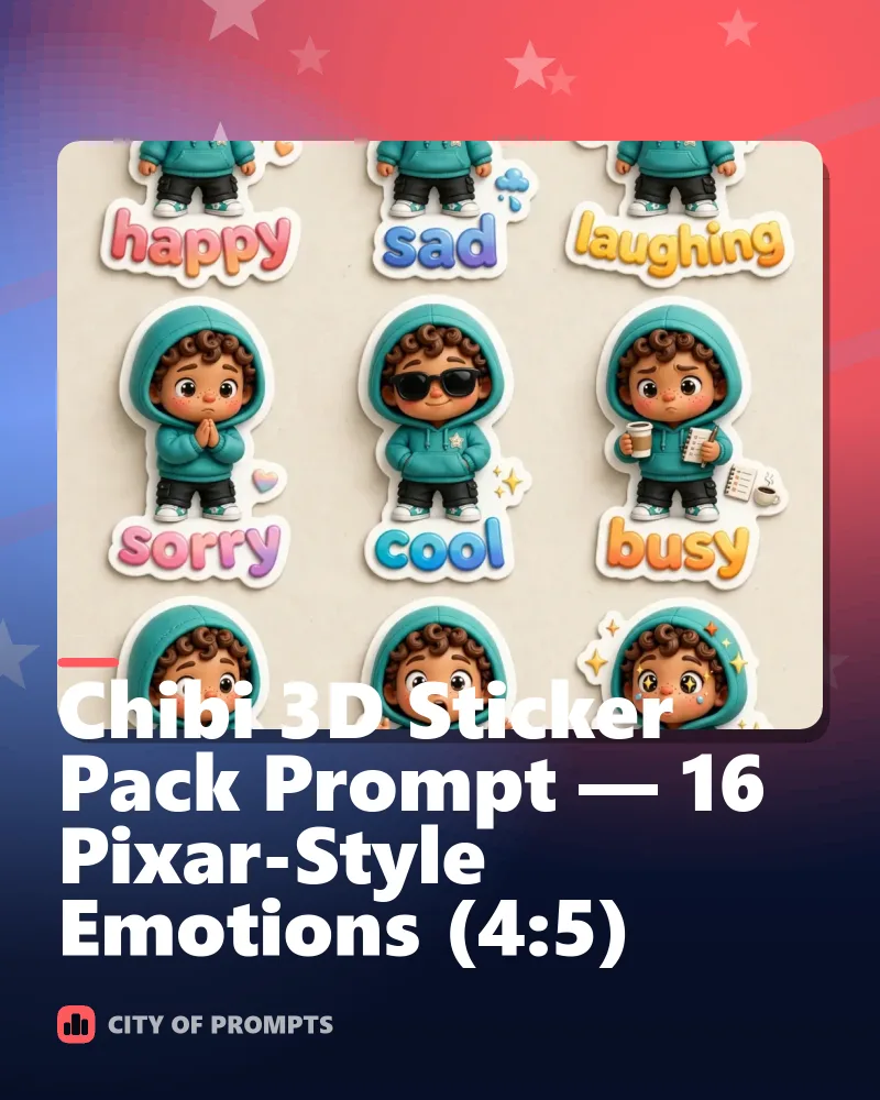 Cover image for Chibi 3D Sticker Pack Prompt — 16 Pixar-Style Emotions (4:5)