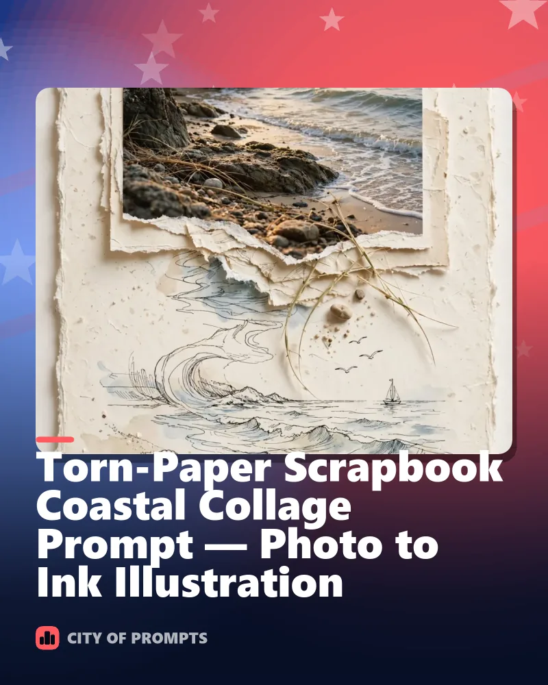 Cover image for Torn-Paper Scrapbook Coastal Collage Prompt — Photo to Ink Illustration